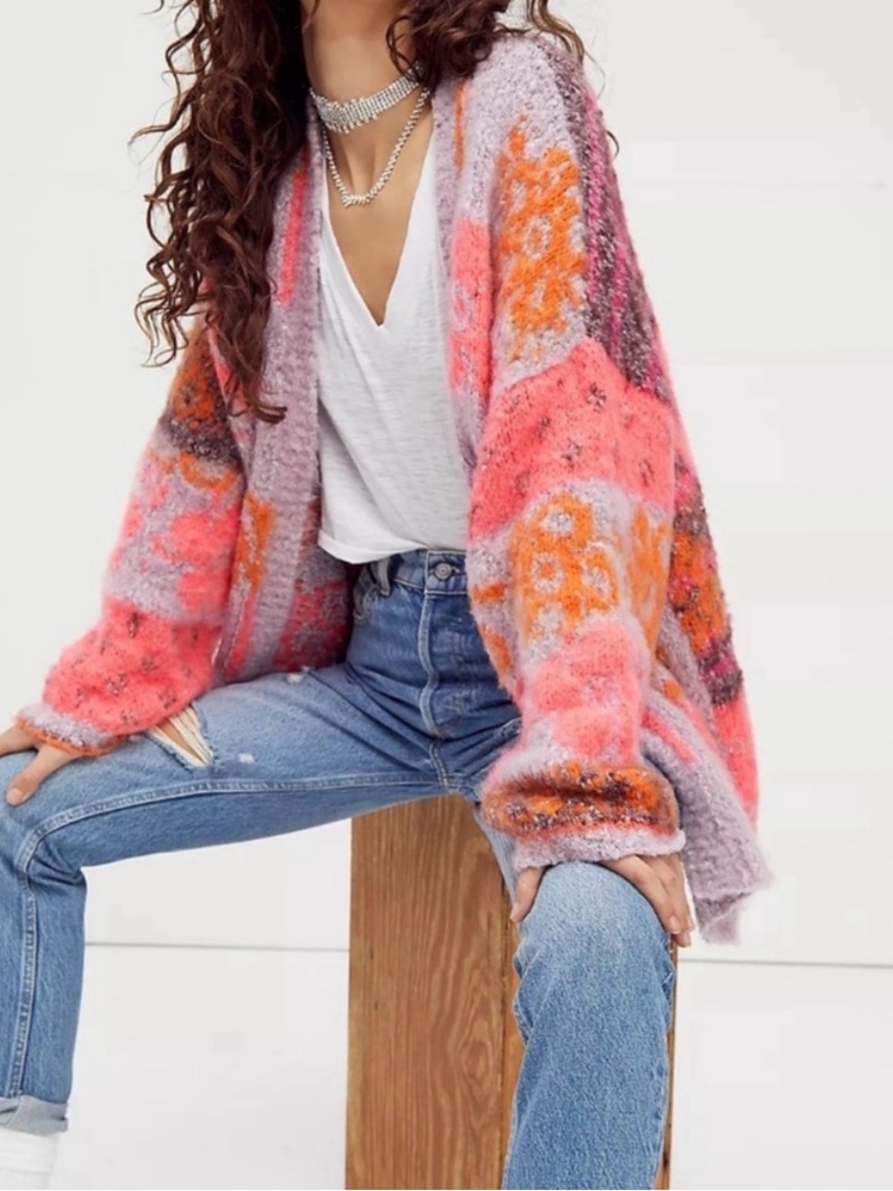 Free People Textured Floral Cardigan in Pink, Lavender & Orange - Picture 4 of 9